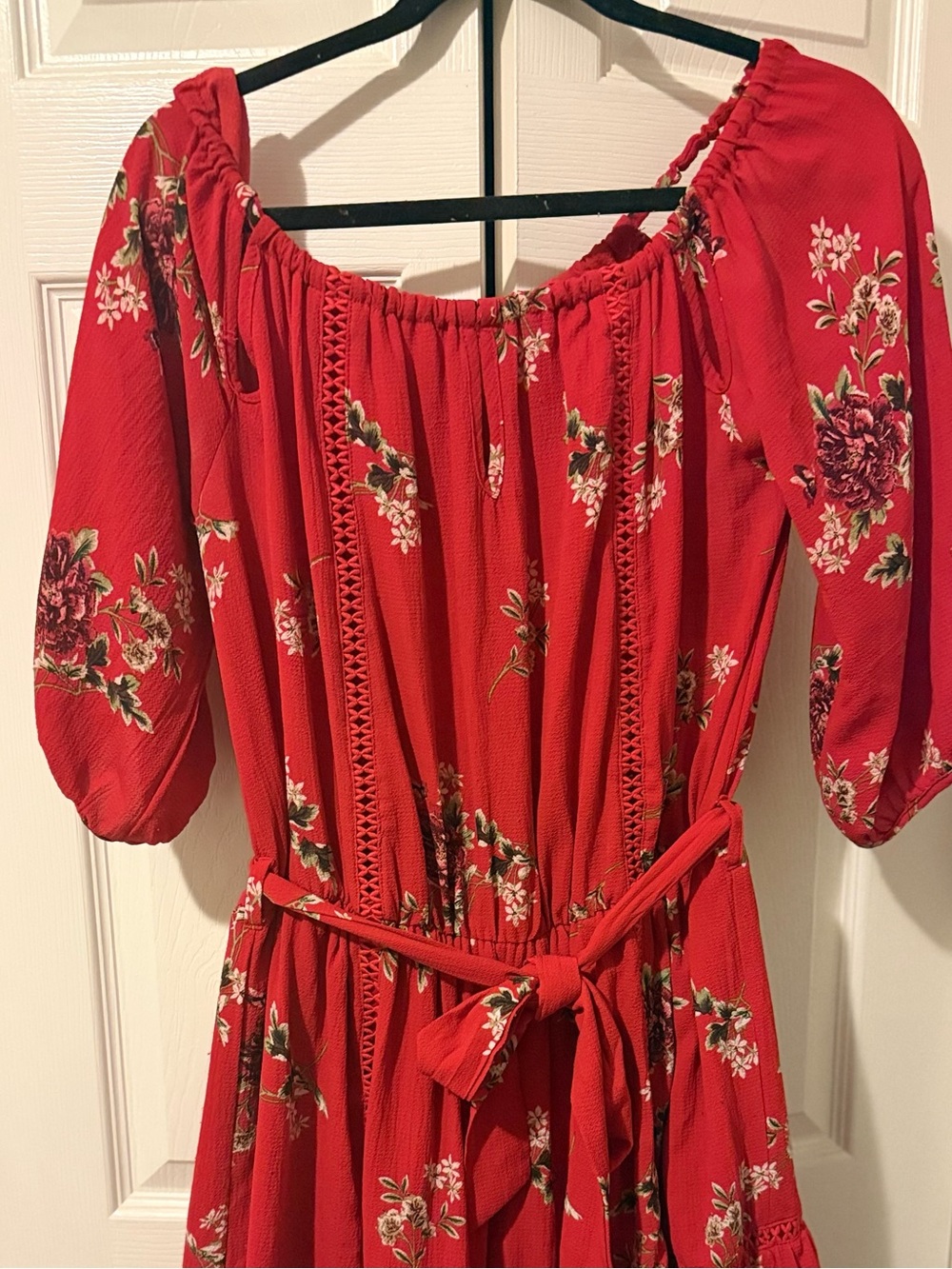 Promesa Red Floral Off-Shoulder Midi Dress with Belt